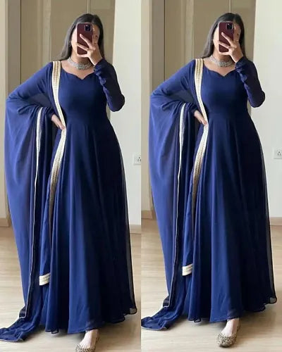 Attractive Georgette Gowns With Dupatta Lace Work (Blue)