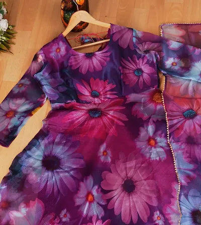 Multicoloured Tissue Digital Printed Gown For Women With Dupatta (Premium Quality)