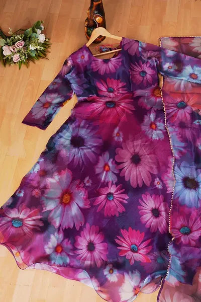 Multicoloured Tissue Digital Printed Gown For Women With Dupatta (Premium Quality)