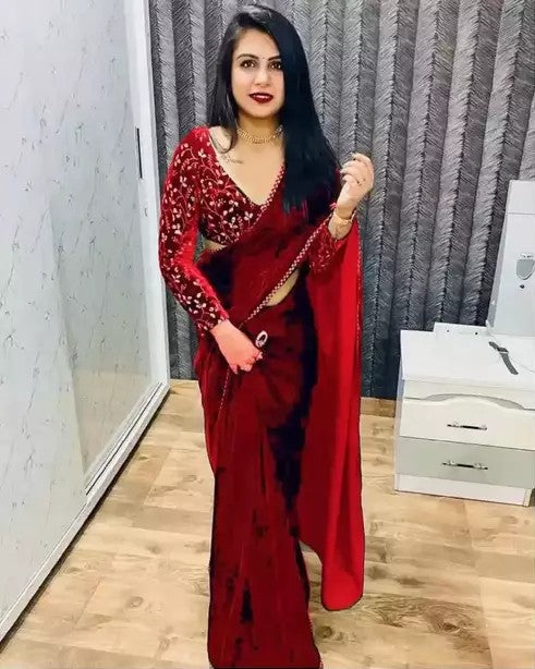 Bollywood Velvet Sarees with Embroidered Blouse Piece (SRED)