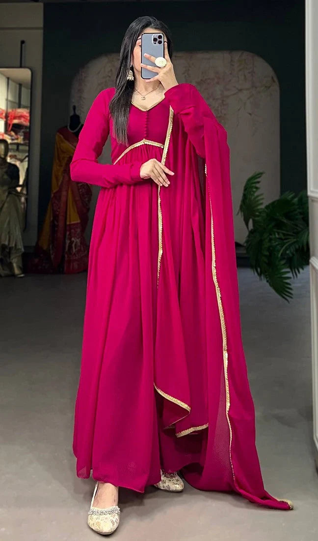 Elegant Alia Cut Georgette Gown with Sequins Embroidery Lace (Red)