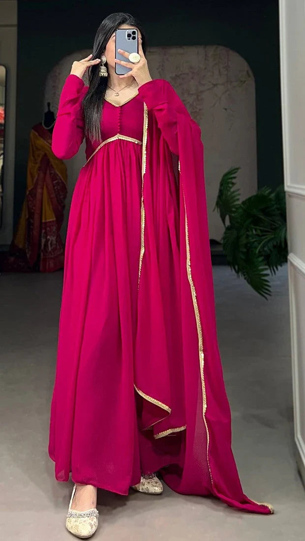 Elegant Alia Cut Georgette Gown with Sequins Embroidery Lace (Red)