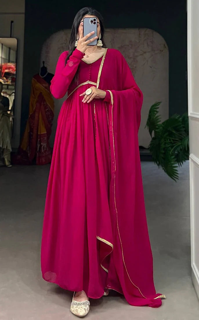 Elegant Alia Cut Georgette Gown with Sequins Embroidery Lace (Red)