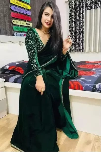 Bollywood Velvet Sarees with Embroidered Blouse Piece (SGREEN)