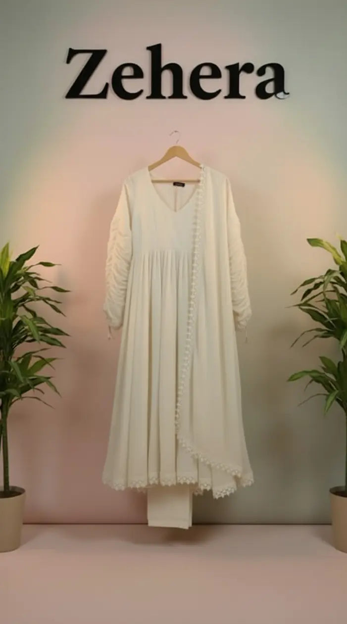 Elegance Faux Georgette Anarkali Set with Pant & Lace Dupatta (V Neck)