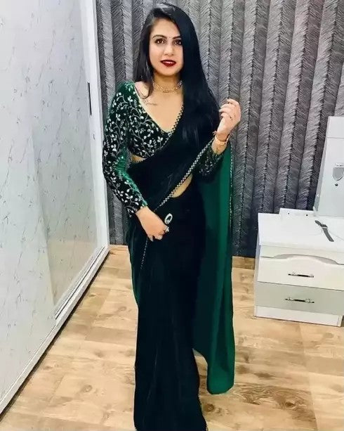 Bollywood Velvet Sarees with Embroidered Blouse Piece (SGREEN)