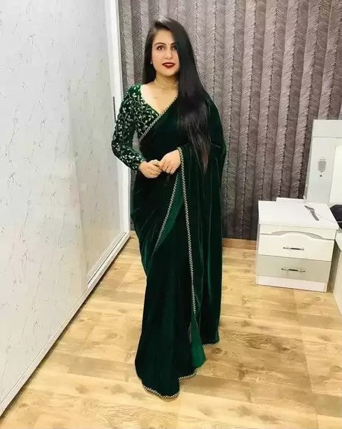 Bollywood Velvet Sarees with Embroidered Blouse Piece (SGREEN)