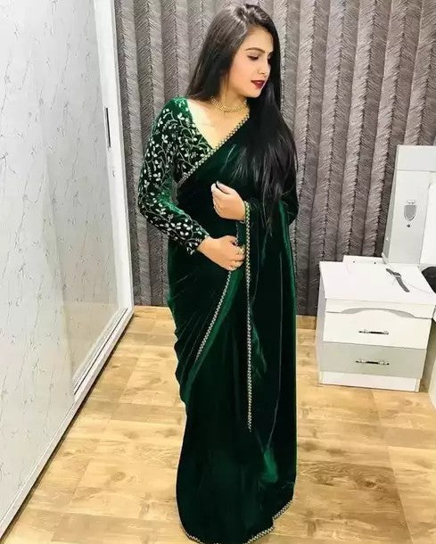 Bollywood Velvet Sarees with Embroidered Blouse Piece (SGREEN)